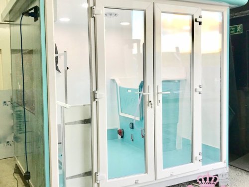 7x8ft Pod with a Bespoke conversion and Vinyl wrap in turquoise aged wood effect