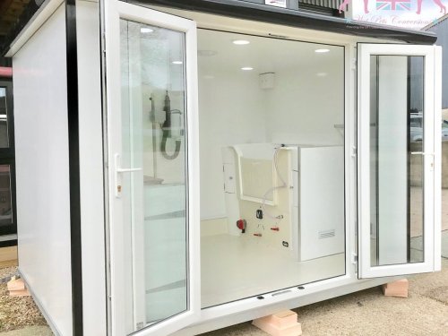 10x8 bespoke with black glazing frames, dog door and custom shelf