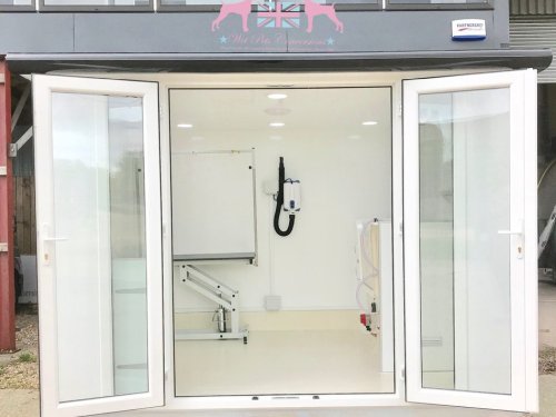 10x8 bespoke with black glazing frames, dog door and custom shelf